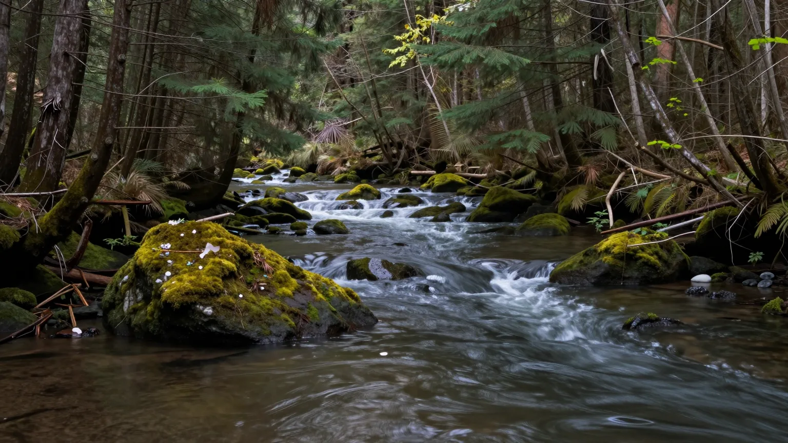 Waldbach mit moosbedeckten Steinen in dunklem Tannenwald