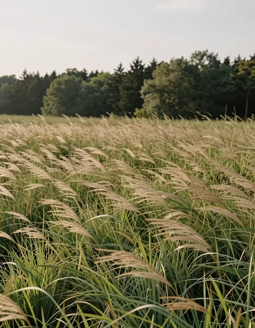 Gräserfeld im Wind, dahinter dunkler Wald in weichem Licht