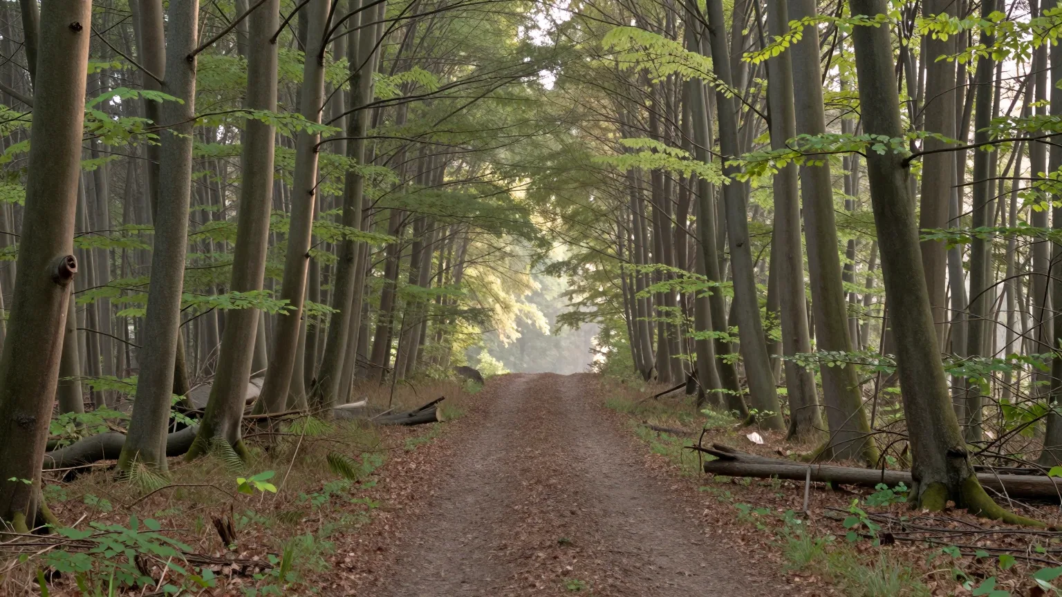 Waldweg zwischen hohen Buchen, Licht am Wegesende