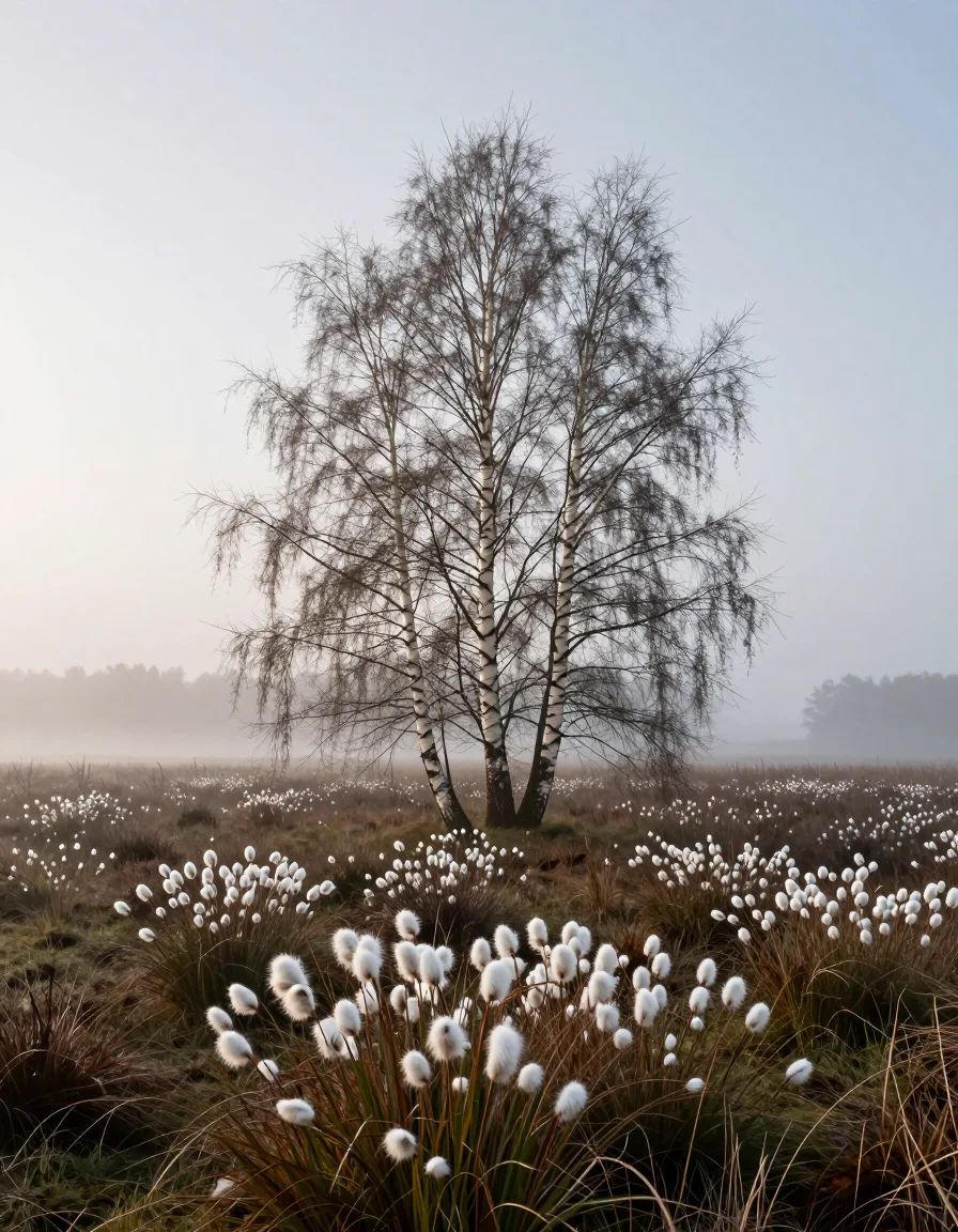 Birken in einer Moorlandschaft mit Wollgras im Morgennebel