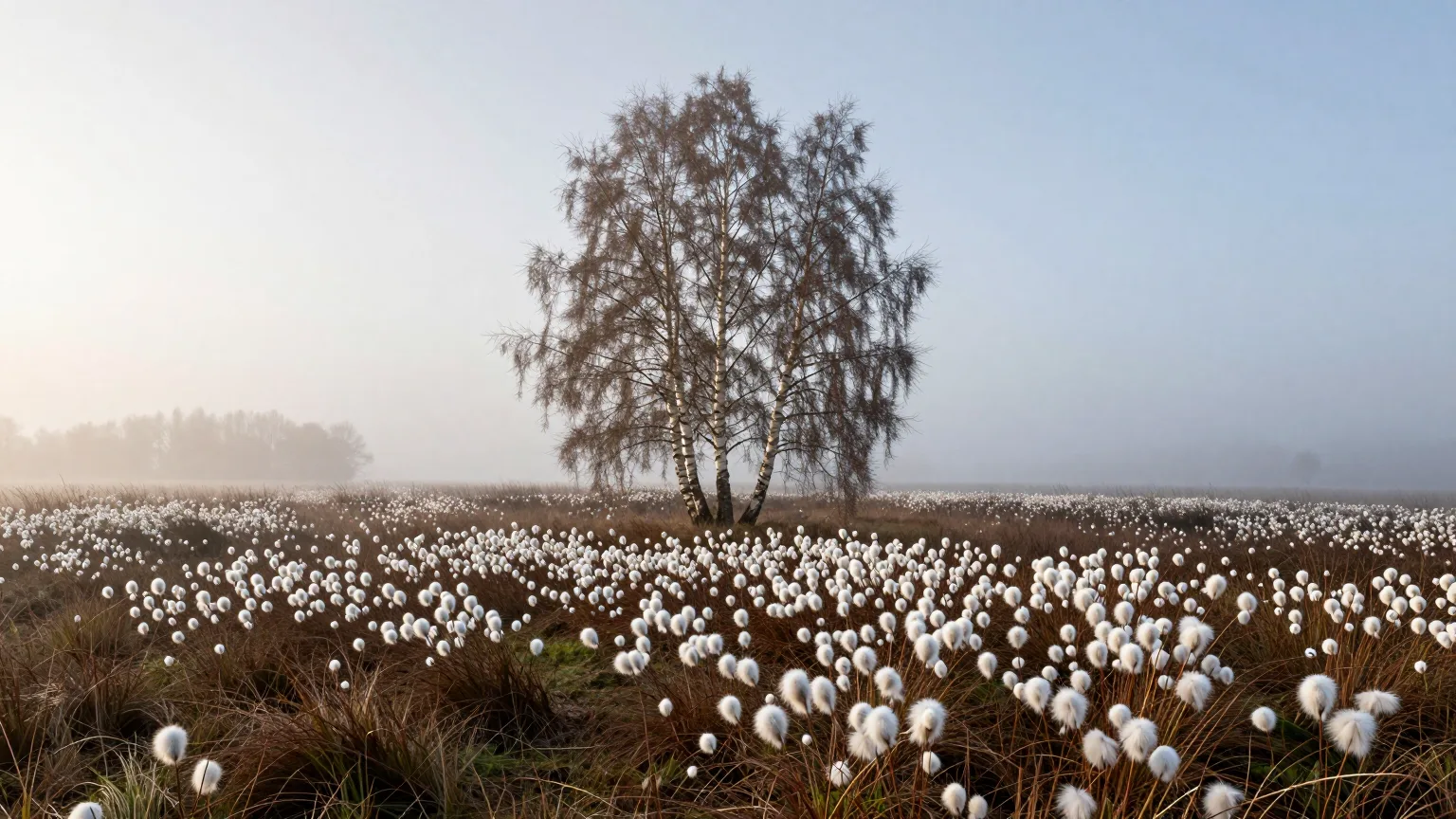 Weite Moorlandschaft mit Wollgras und Birken im Nebel