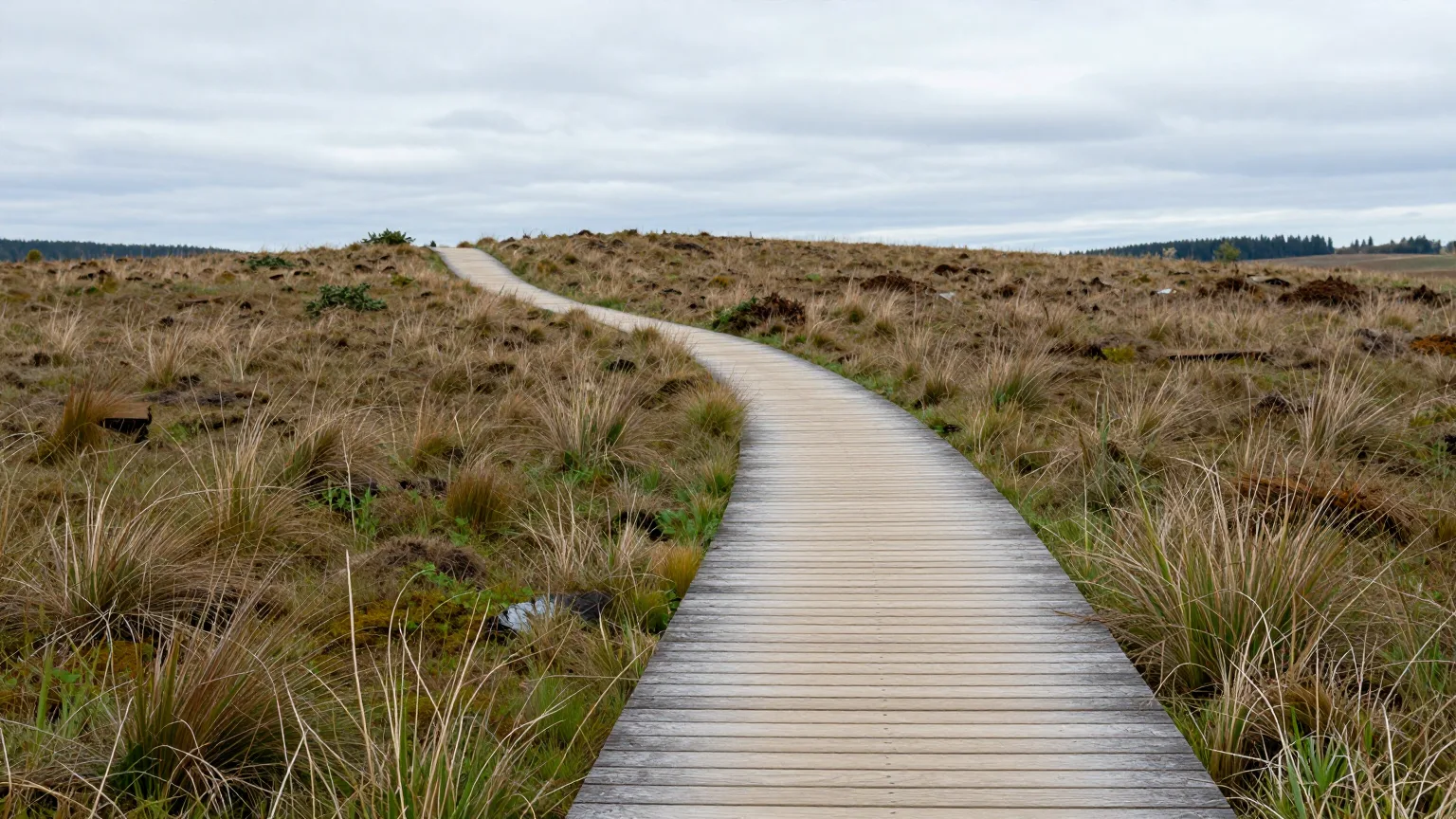 Holzweg, der durch offenes Moorland führt