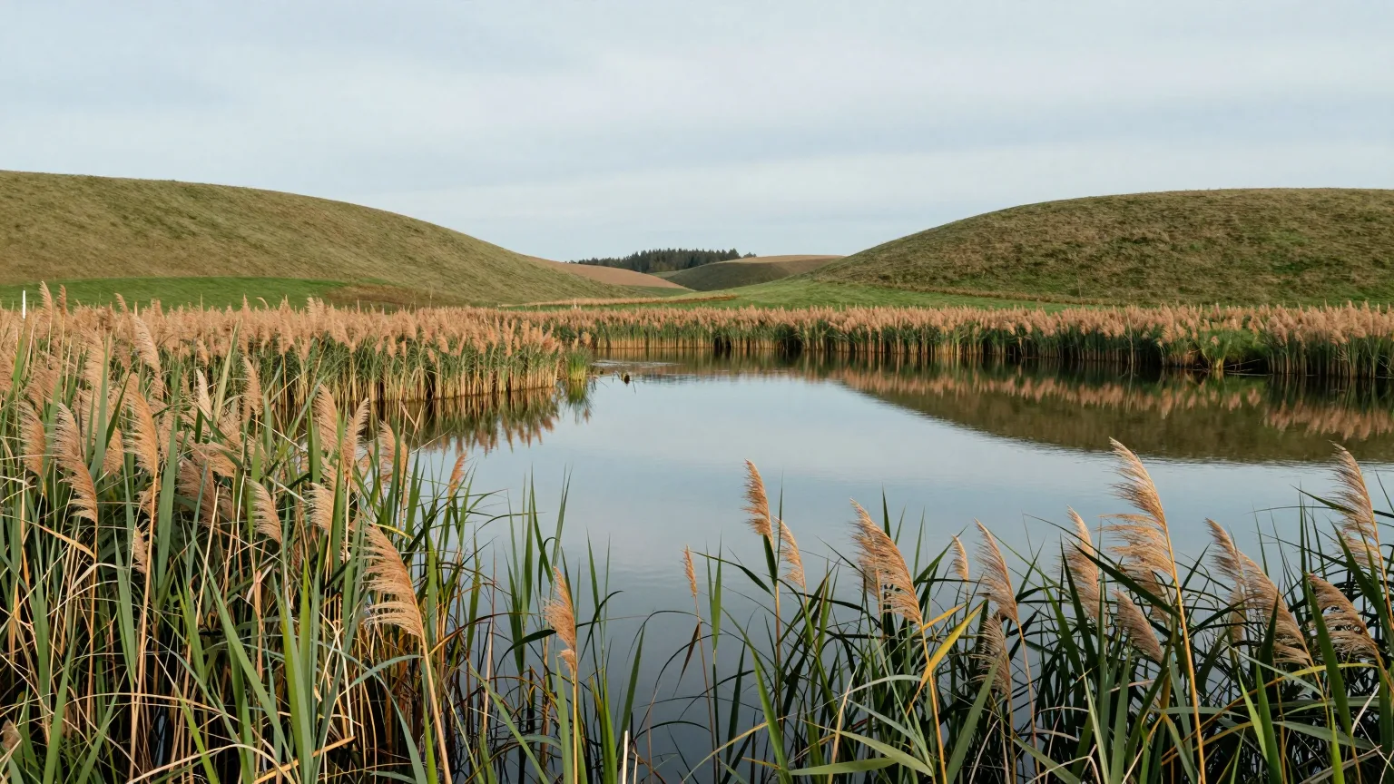Teich mit Schilf zwischen sanften Hügeln