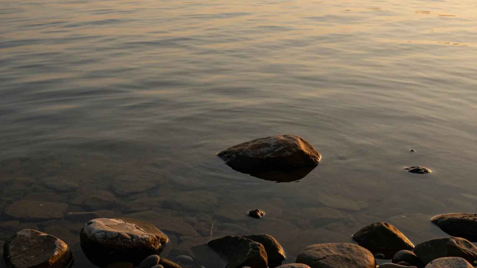 Ruhige Wasserfläche mit Steinen im warmen Abendlicht