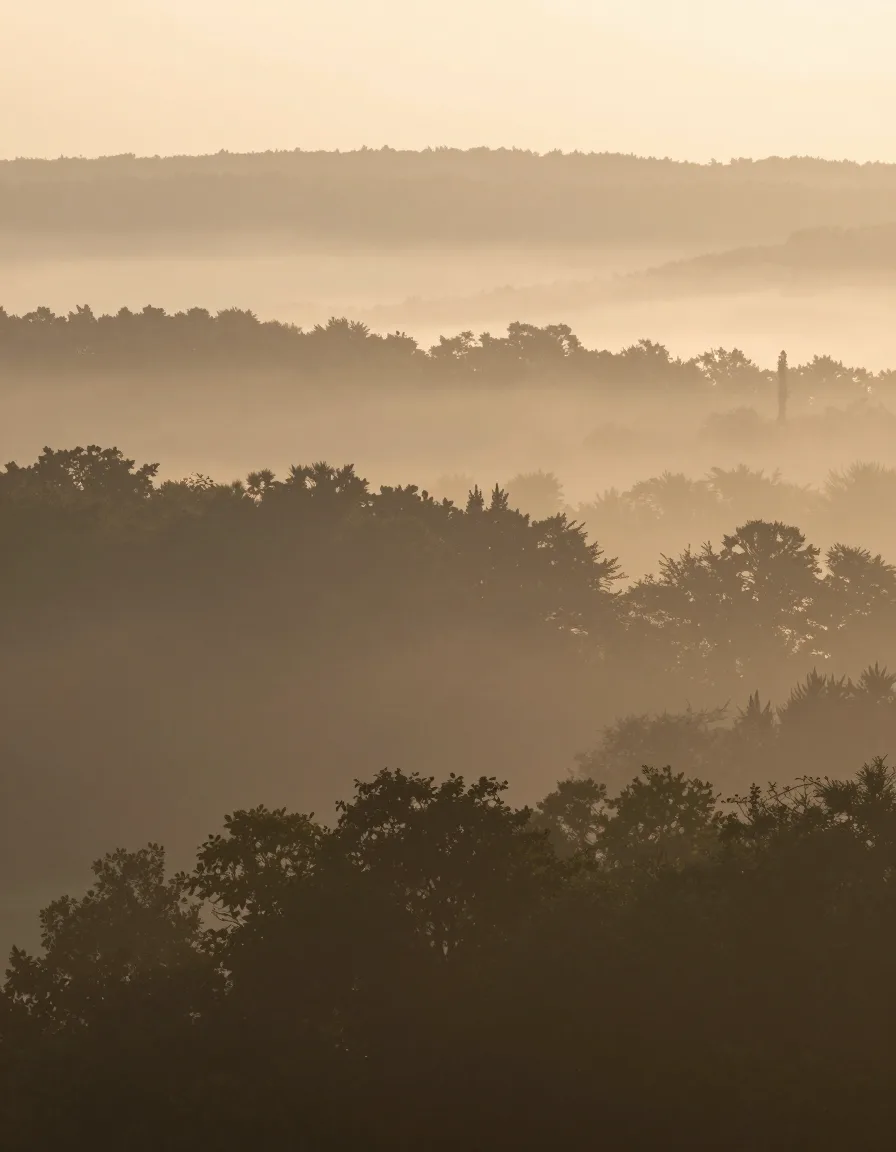 Hügel und Wald im Morgennebel