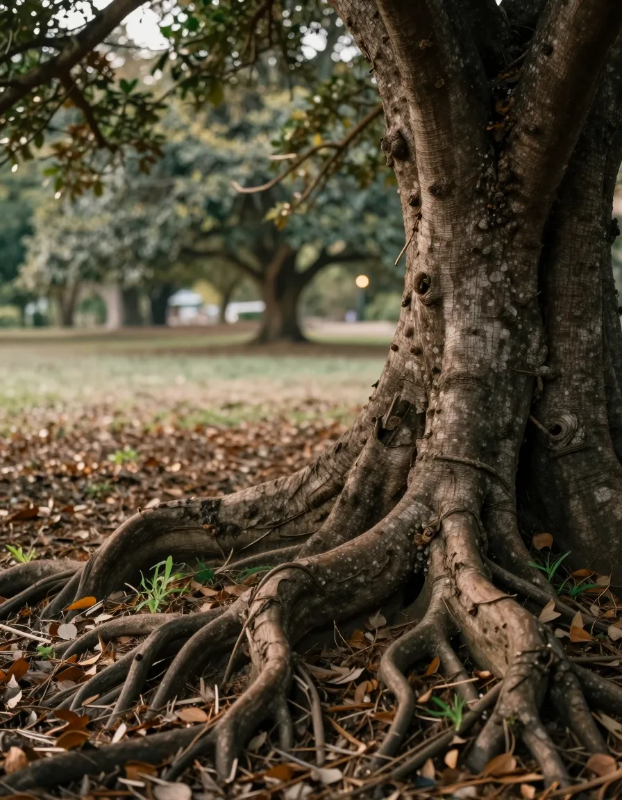 Baum mit weit gefächerten Wurzeln in einem Park