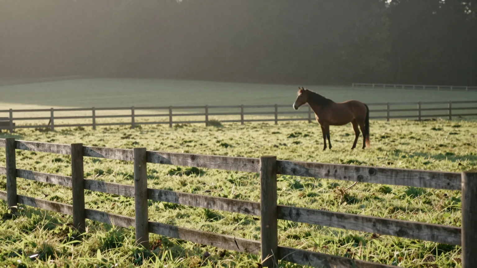 Pferd auf einer eingezäunten Wiese im Morgenlicht
