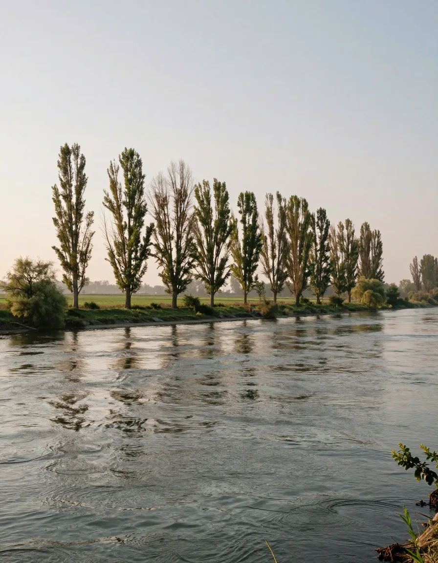Baumreihe an einem Flussufer im weichen Morgenlicht