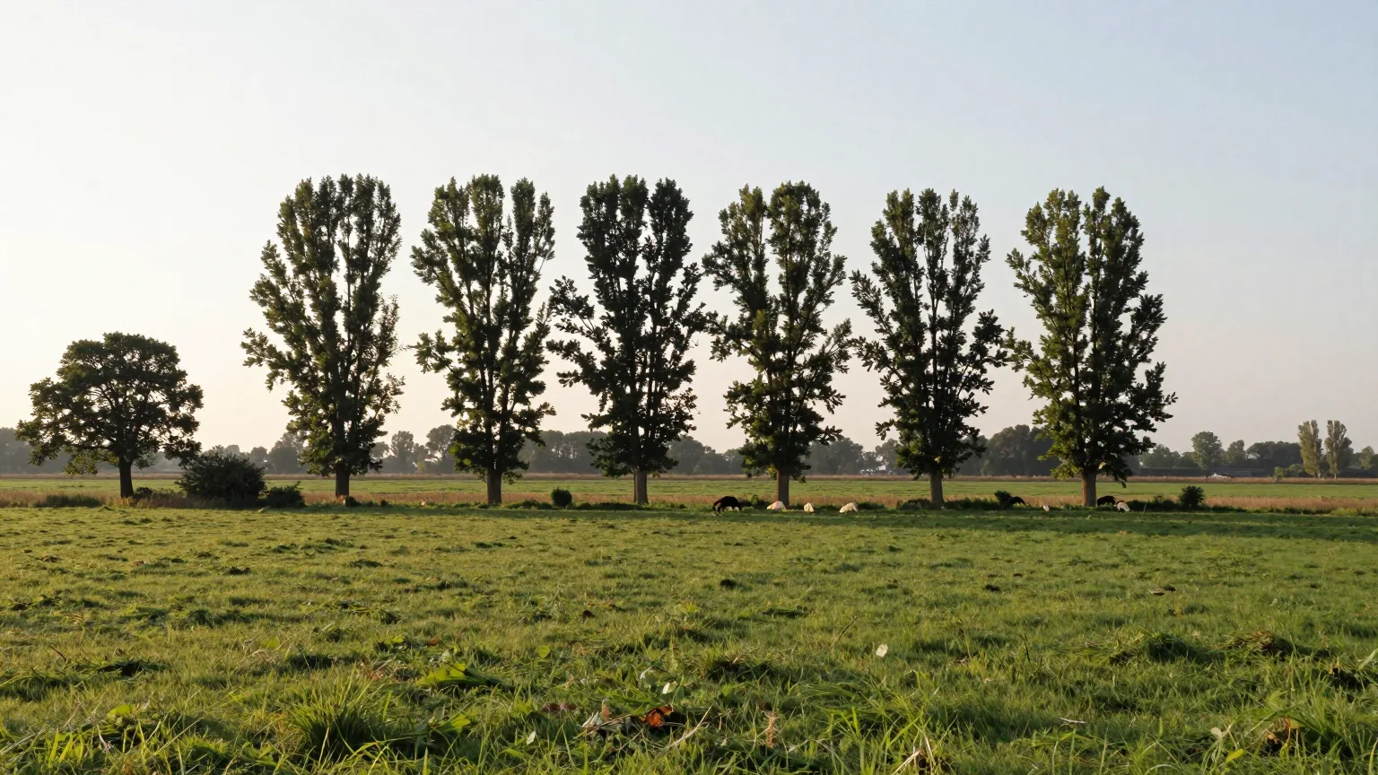Baumreihe auf einer weiten Wiese im weichen Morgenlicht