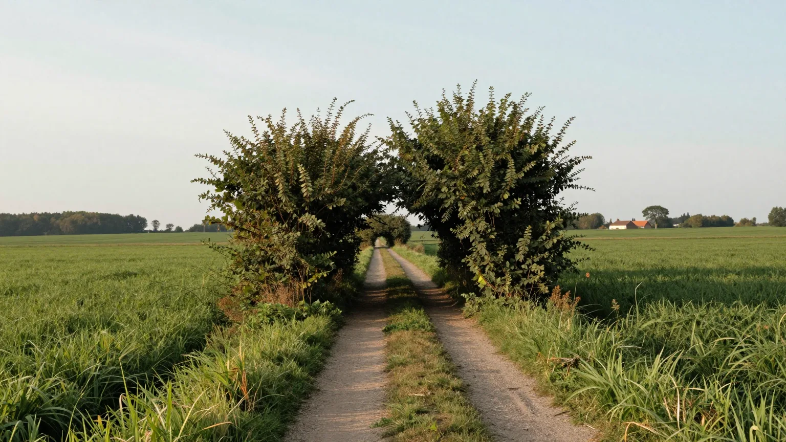 Feldweg, der durch eine Heckenöffnung zwischen Wiesen führt