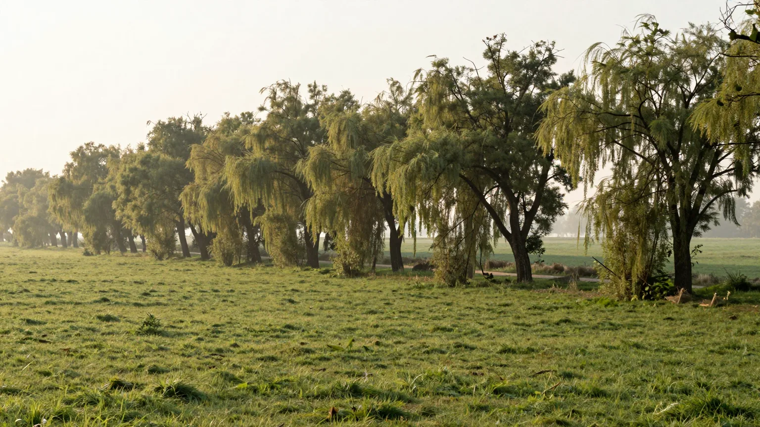 Baumreihe aus Weiden auf einer Wiese im Dunst des Morgens
