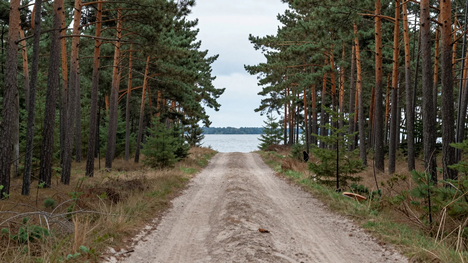 Waldweg zwischen Kiefern, der auf einen See zuführt
