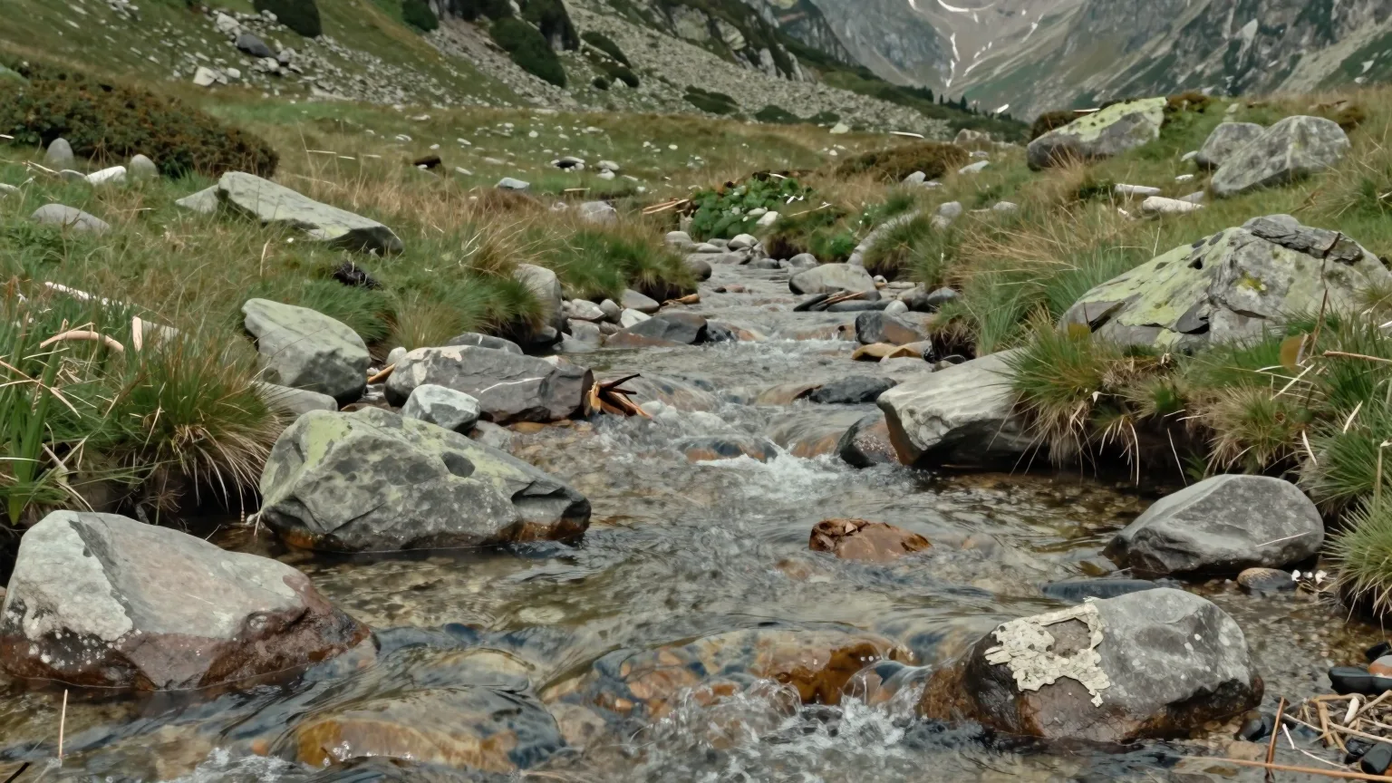 Bach, der über Steine durch eine Bergwiese fließt