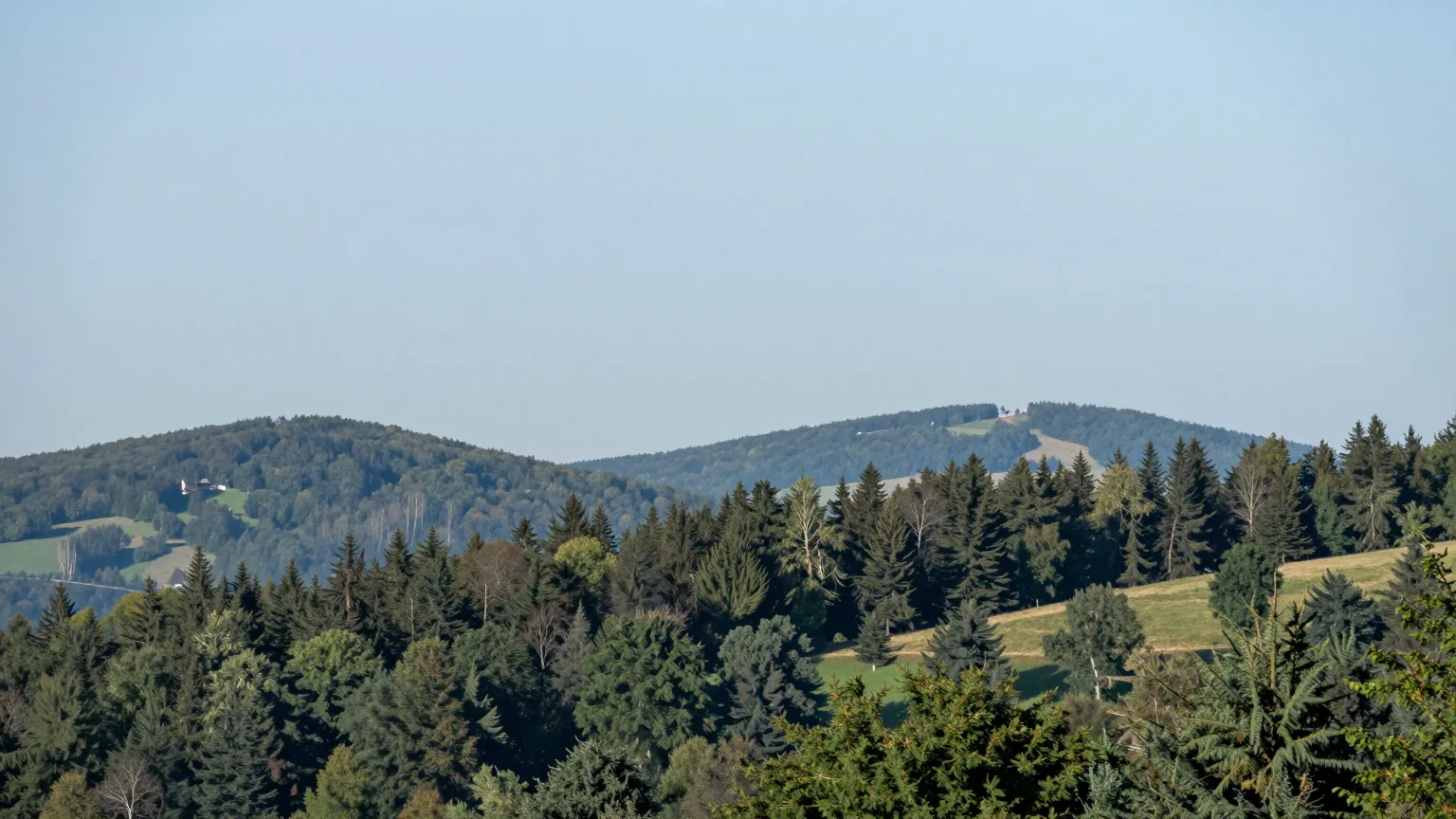 Bewaldete Hügel unter hellem Himmel