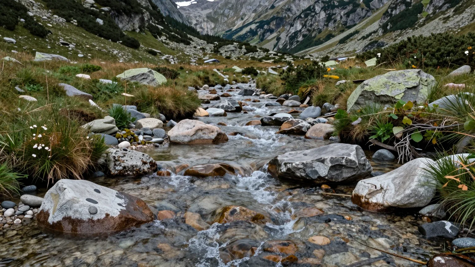 Bergbach zwischen Steinen in einem Tal