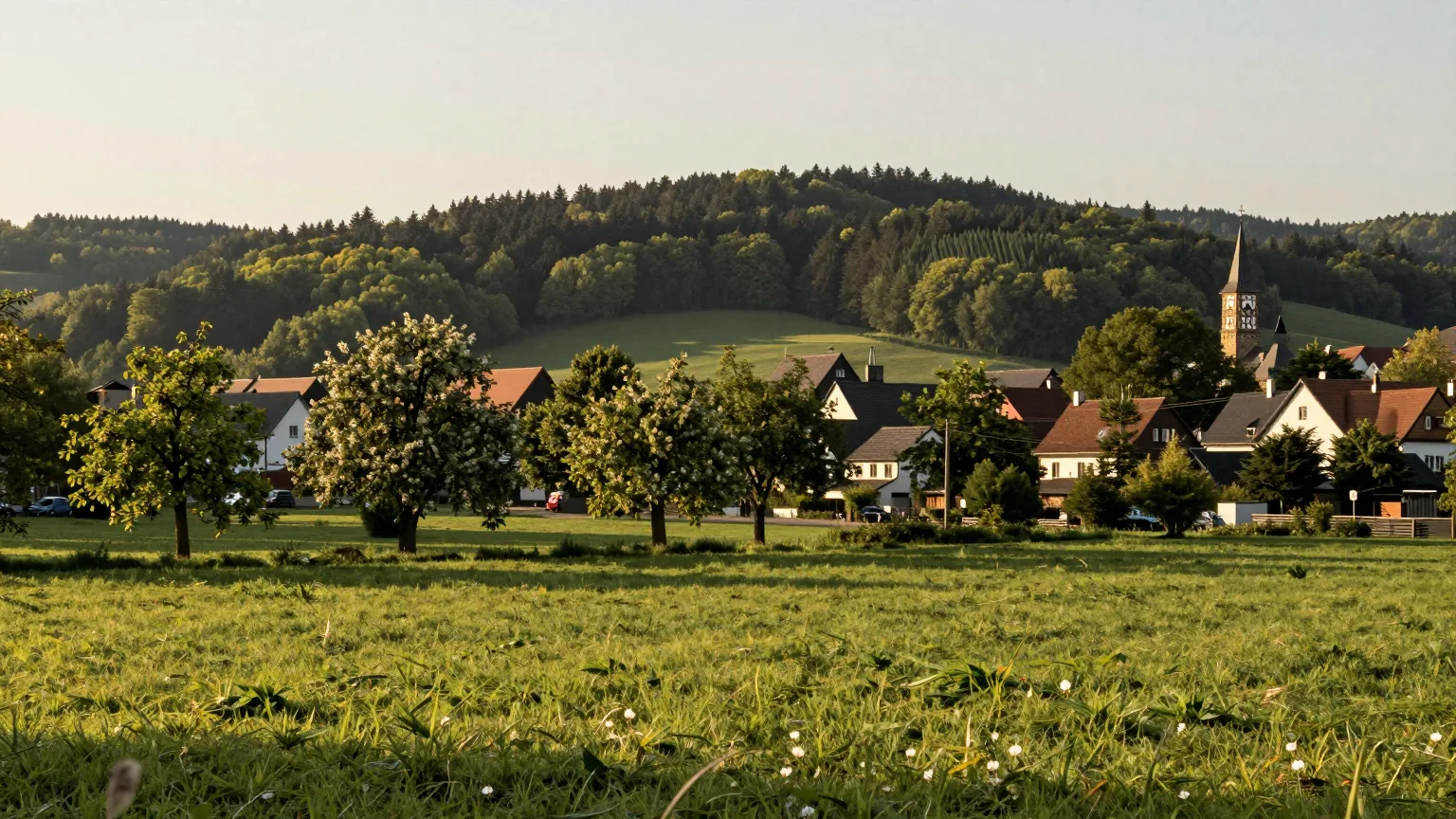 Kleinstadt zwischen Wiesen und bewaldeten Hügeln im Morgenlicht