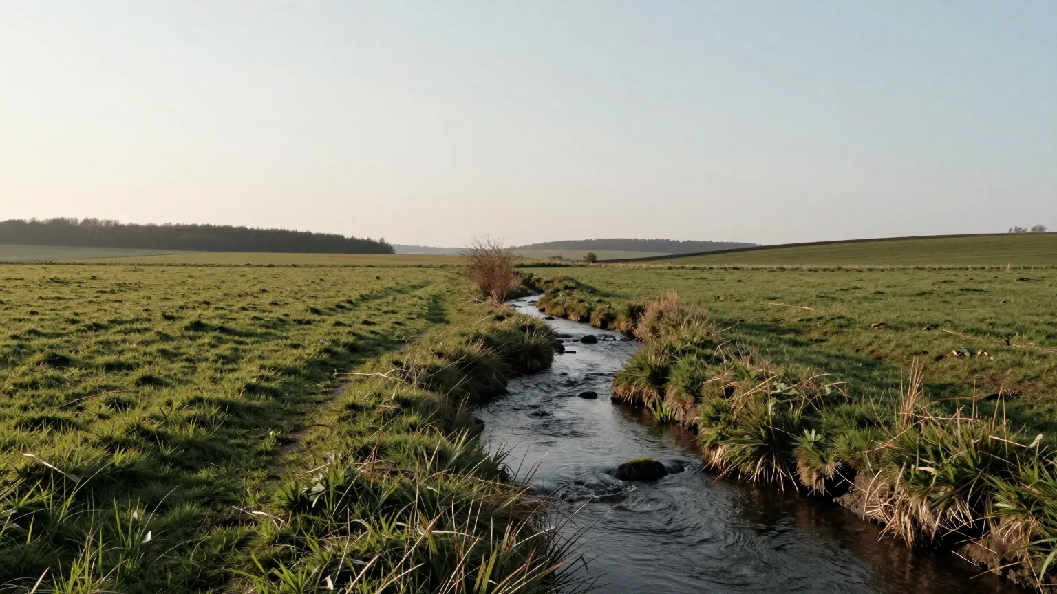 Kleiner Bach, der durch eine weite Wiese fließt