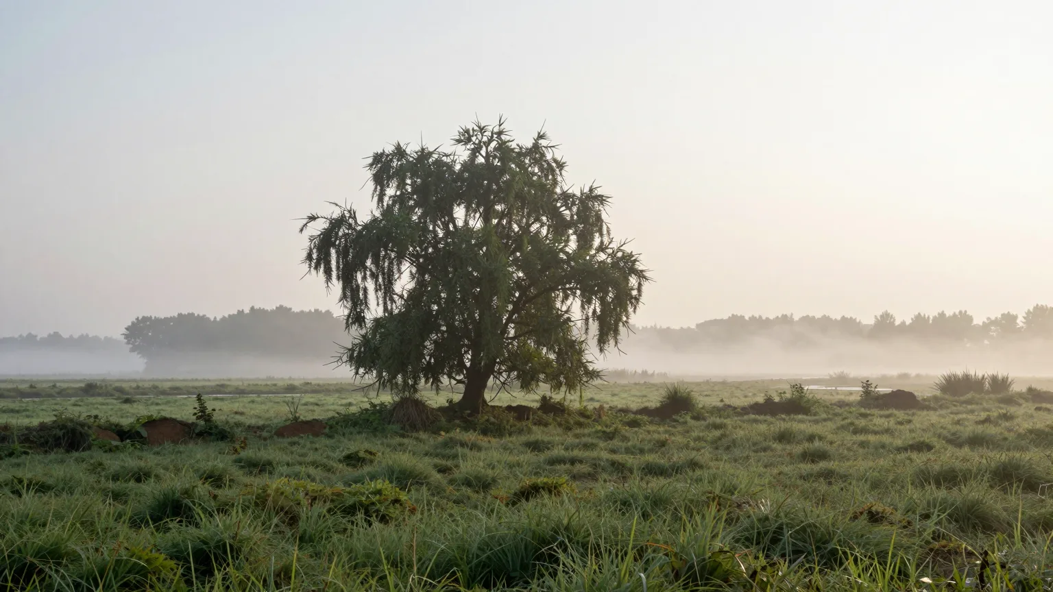 Ein einzelner Baum auf einer weiten Wiese im Nebel.