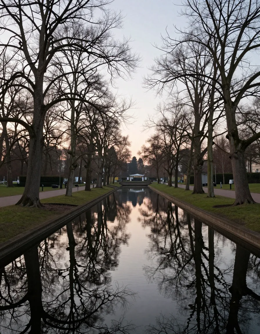 Baumallee an einem stillen Kanal in der Abenddämmerung, die Äste spiegeln sich im Wasser