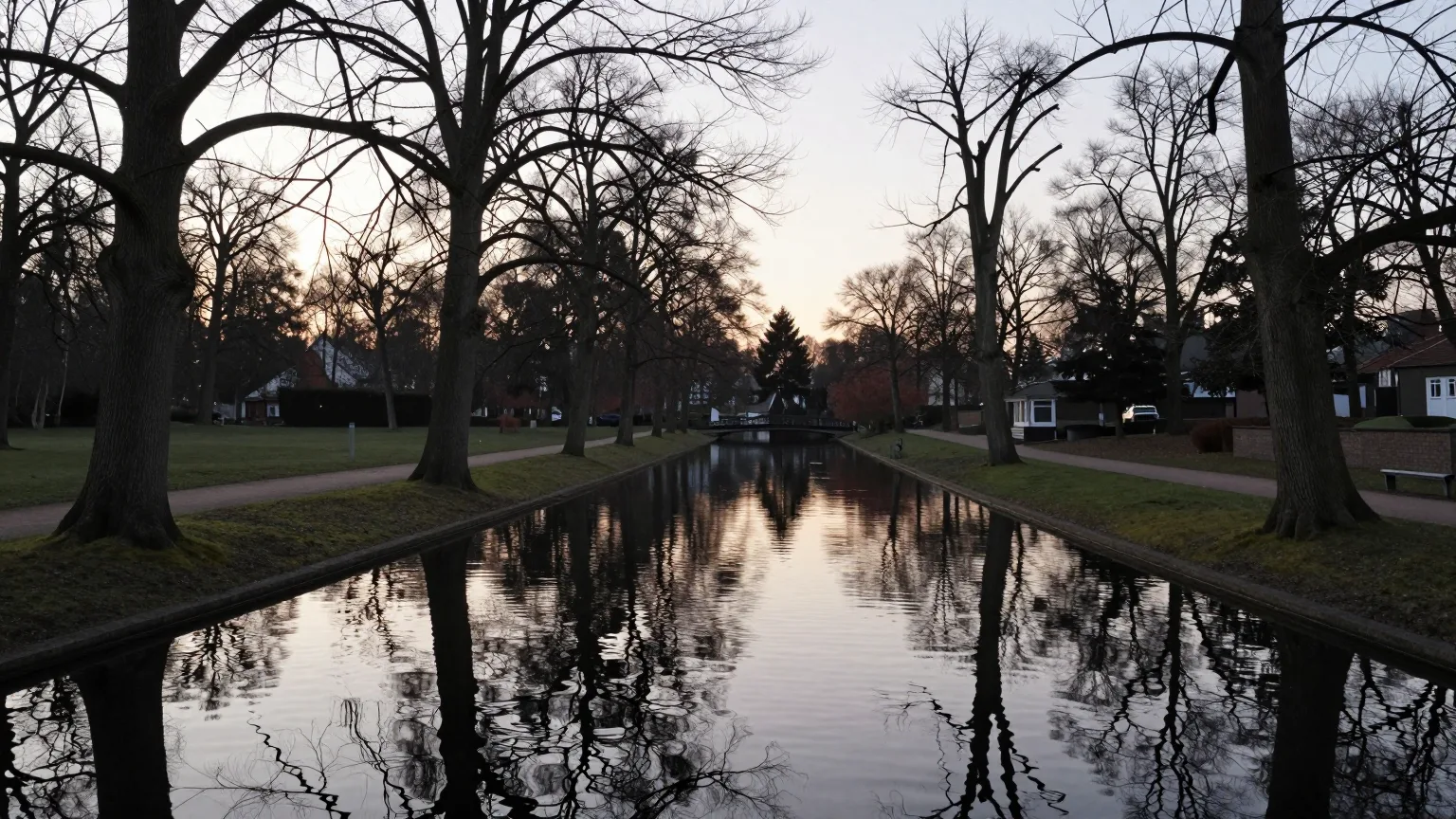 Kanal zwischen Bäumen und Wiesen in der Dämmerung, ruhige Wasseroberfläche