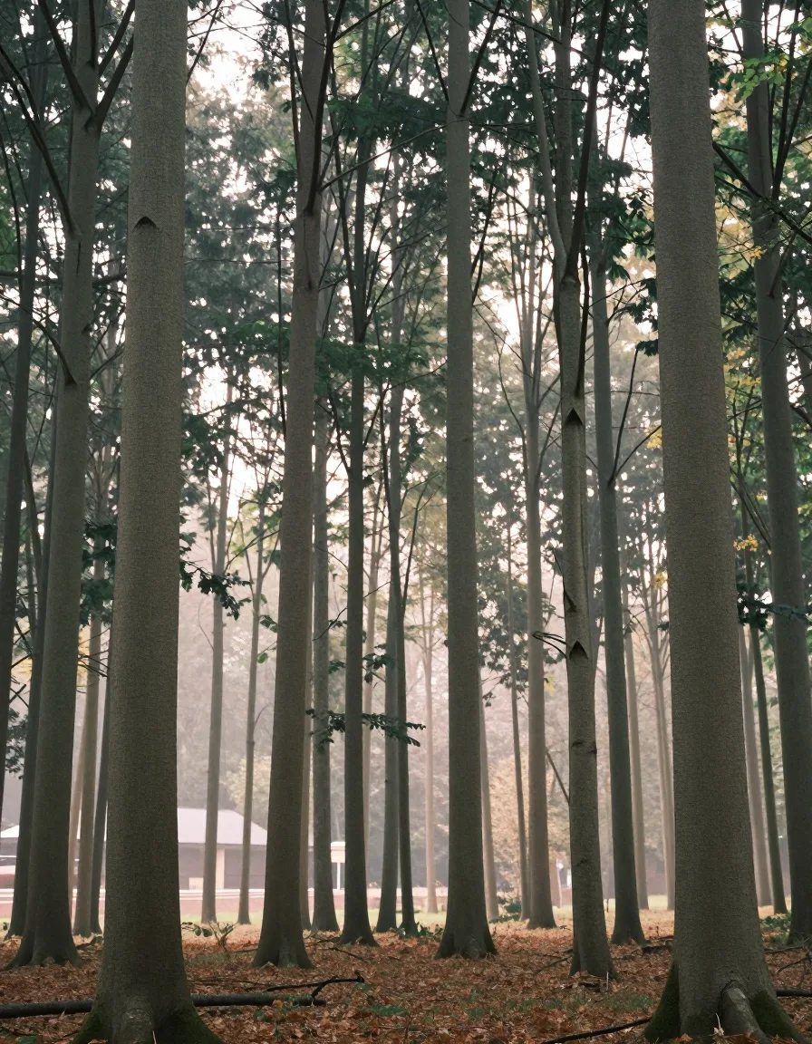 Hohe Buchen im Nebel, Laub bedeckt den Waldboden