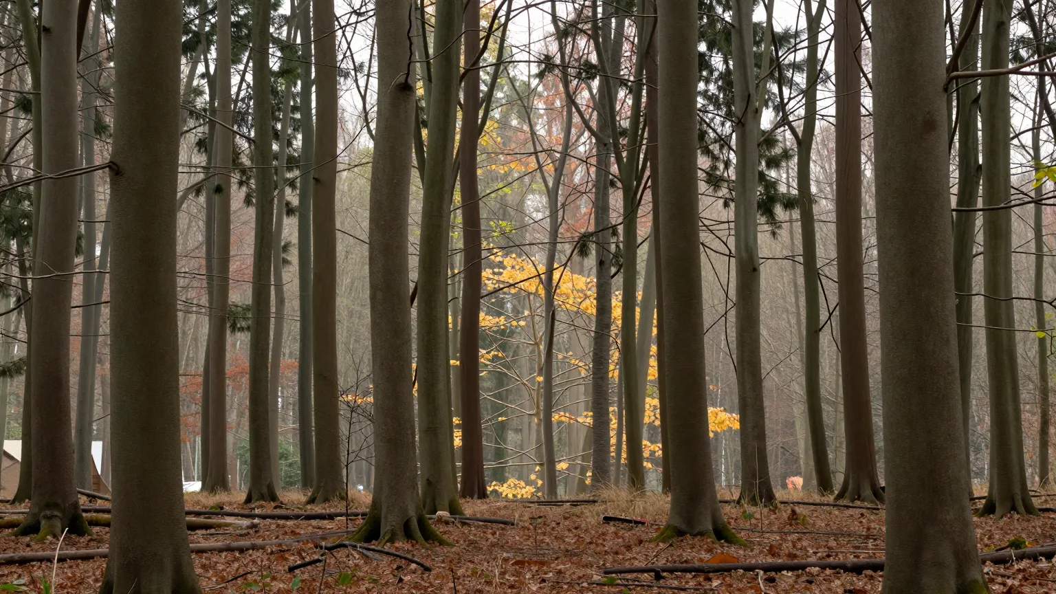Buchenwald im Herbst, gelbes Laub zwischen hohen Stämmen