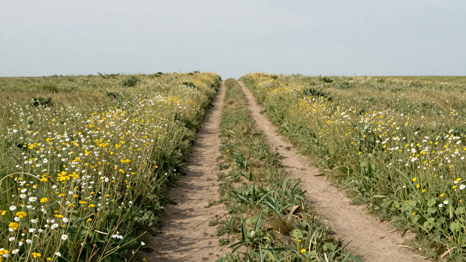 Feldweg zwischen blühenden Wiesen, der bis zum Horizont reicht