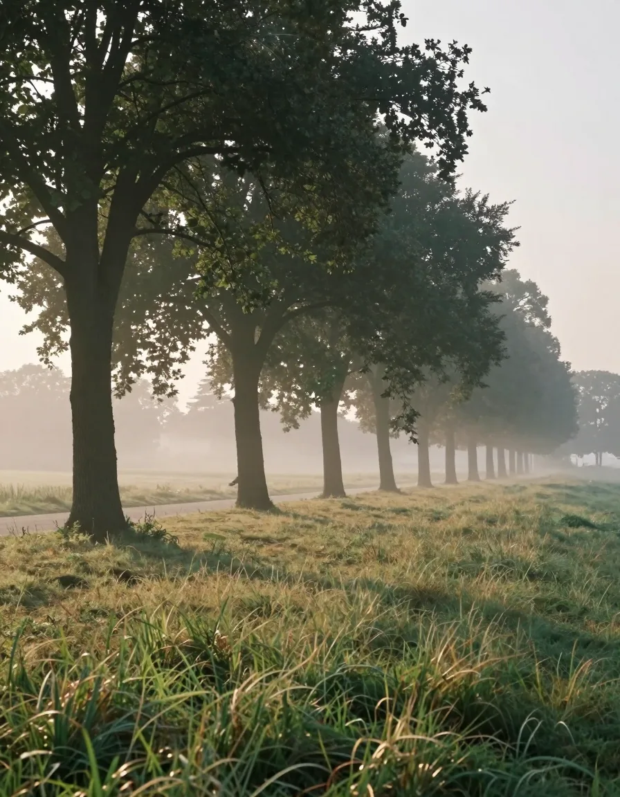 Baumallee an einer Wiese im Morgennebel