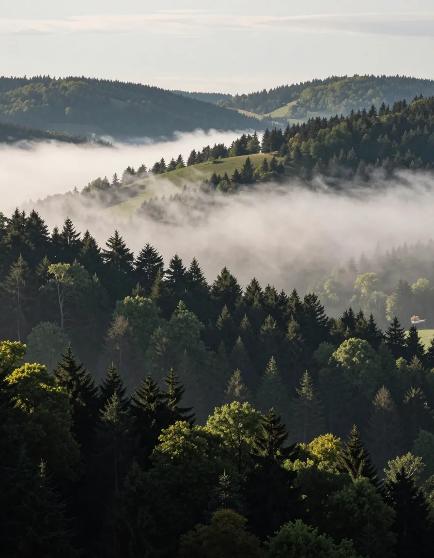 Waldhügel und Täler im Morgennebel