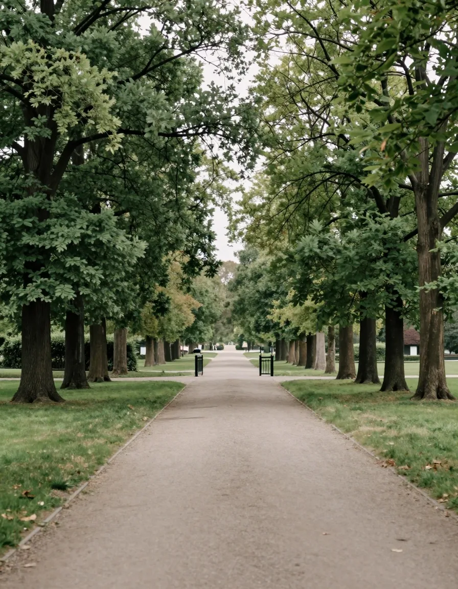 Breite Allee mit altem Baumbestand in einem Park