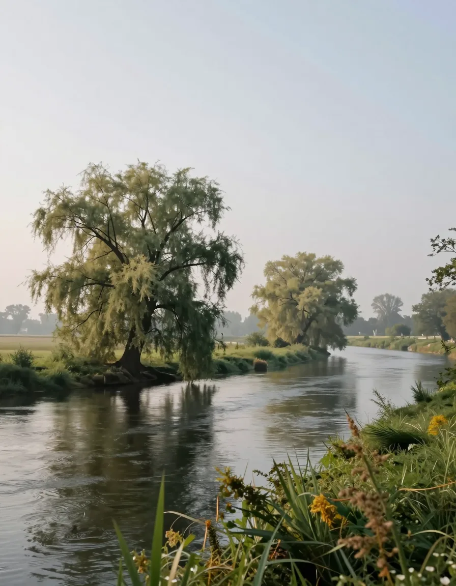 Flussufer mit einem großen Baum und Wiesenblumen im Vordergrund