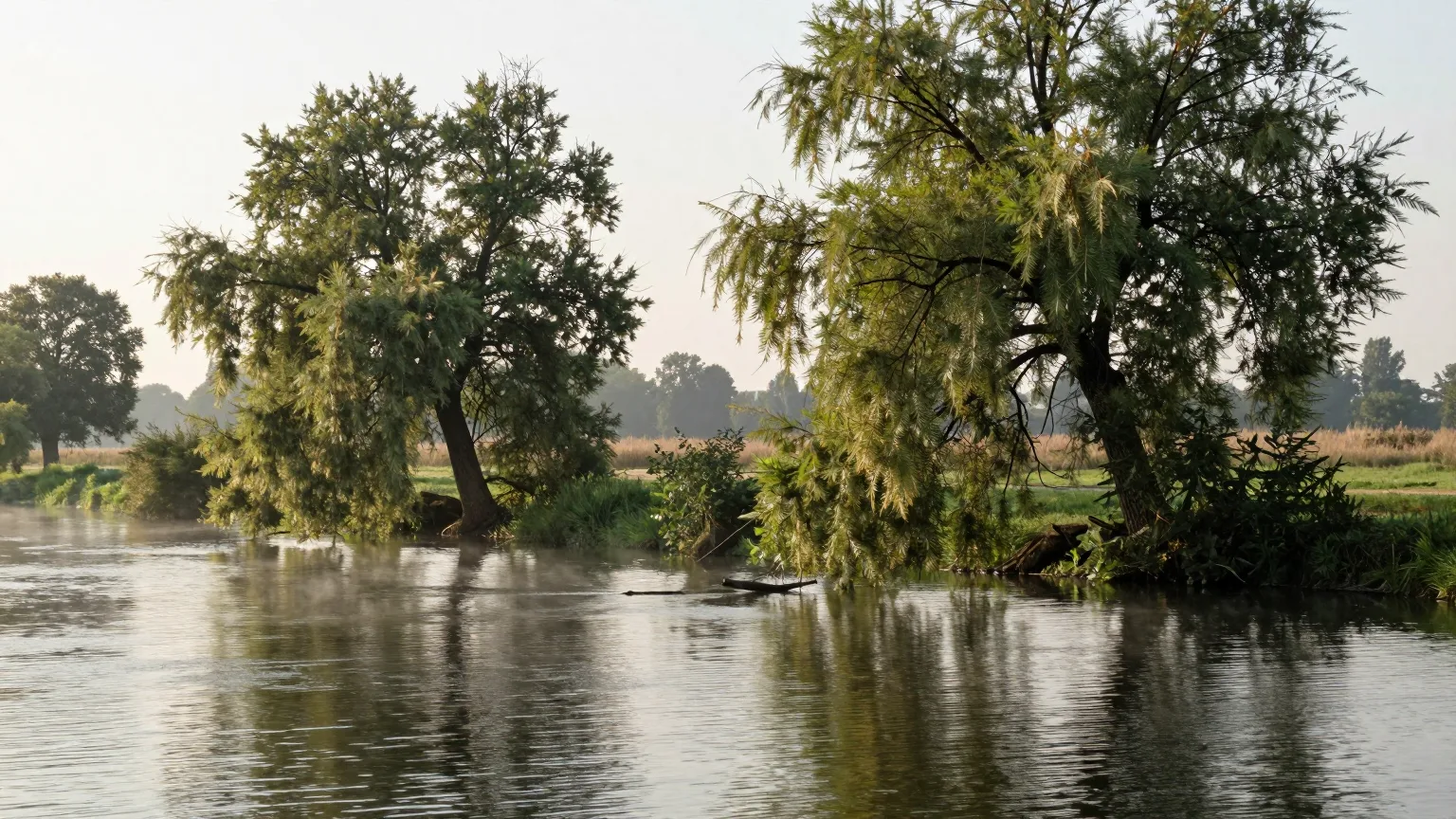 Ruhiges Flussufer mit hängenden Weiden im weichen Morgenlicht