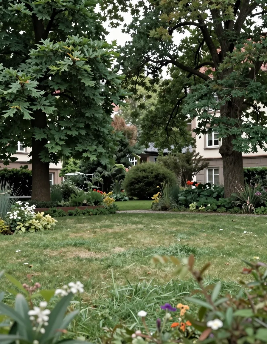 Ruhiger Garten mit großen Bäumen, Rasen und Blumenbeeten
