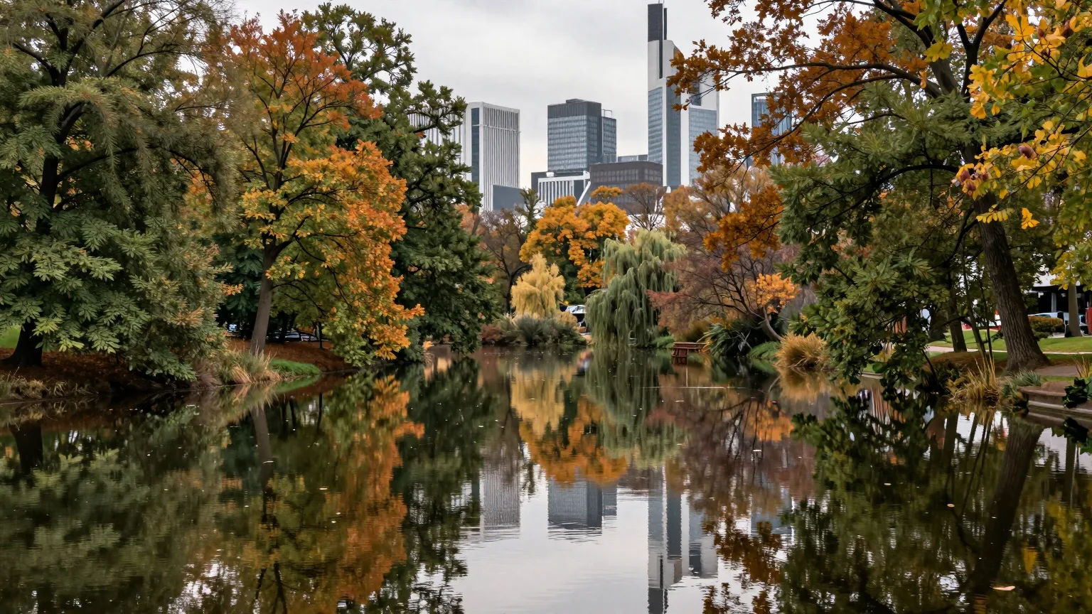 Seeufer mit herbstlich gefärbten Bäumen, im Hintergrund Hochhäuser einer Stadt