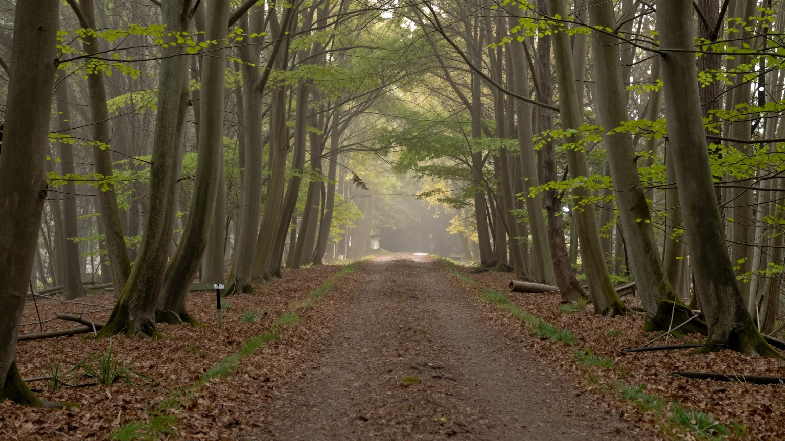 Waldweg zwischen hohen Buchen, der Boden mit Laub bedeckt, im Hintergrund Morgendunst