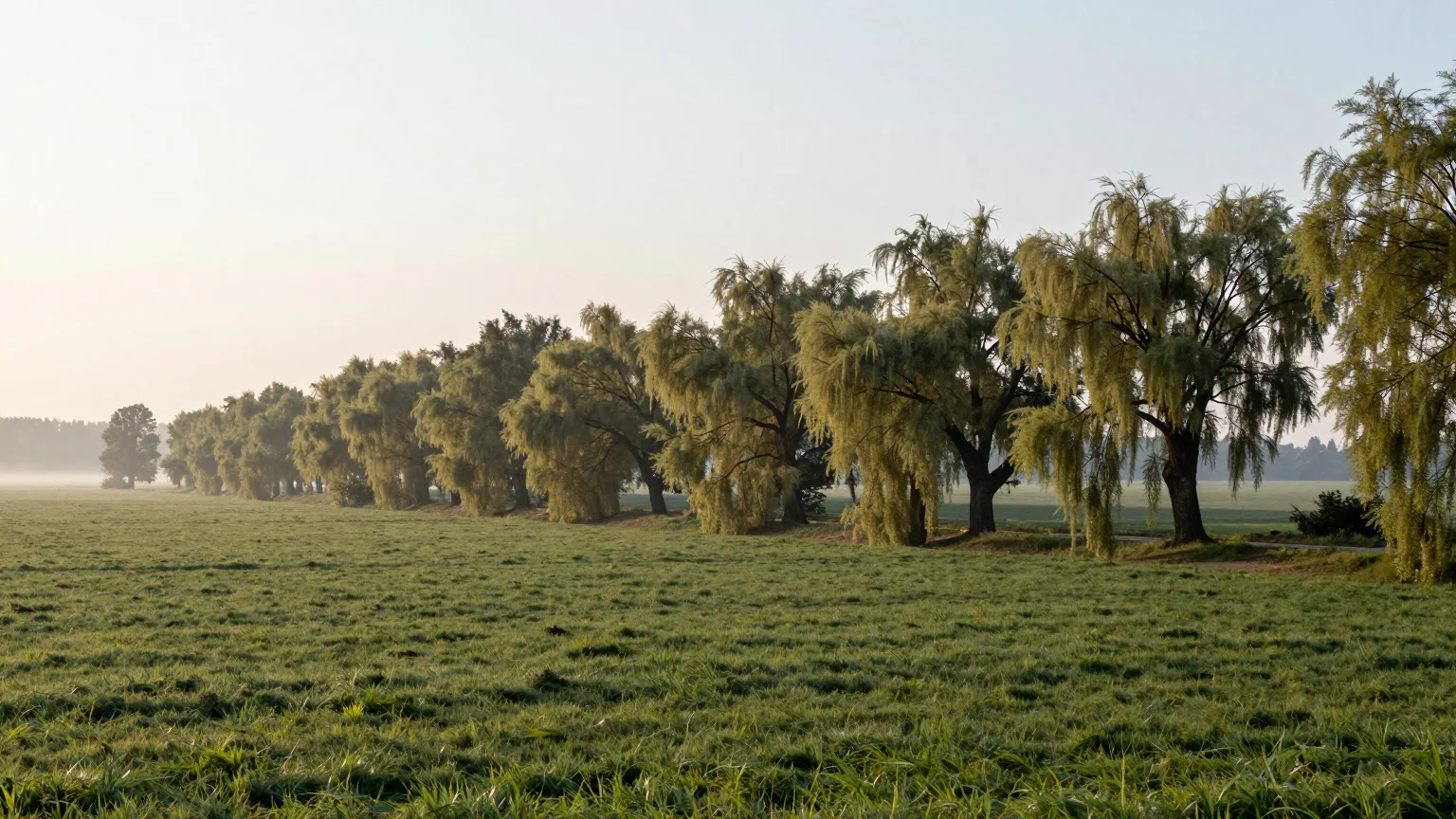 Allee aus hängenden Bäumen auf einer weiten Wiese im Morgenlicht