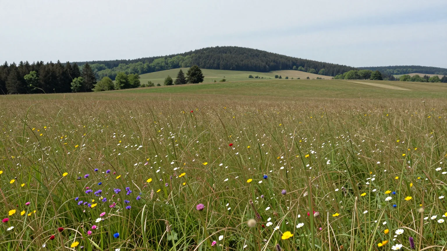 Blumenwiese vor einem bewaldeten Hügel unter hellem Himmel