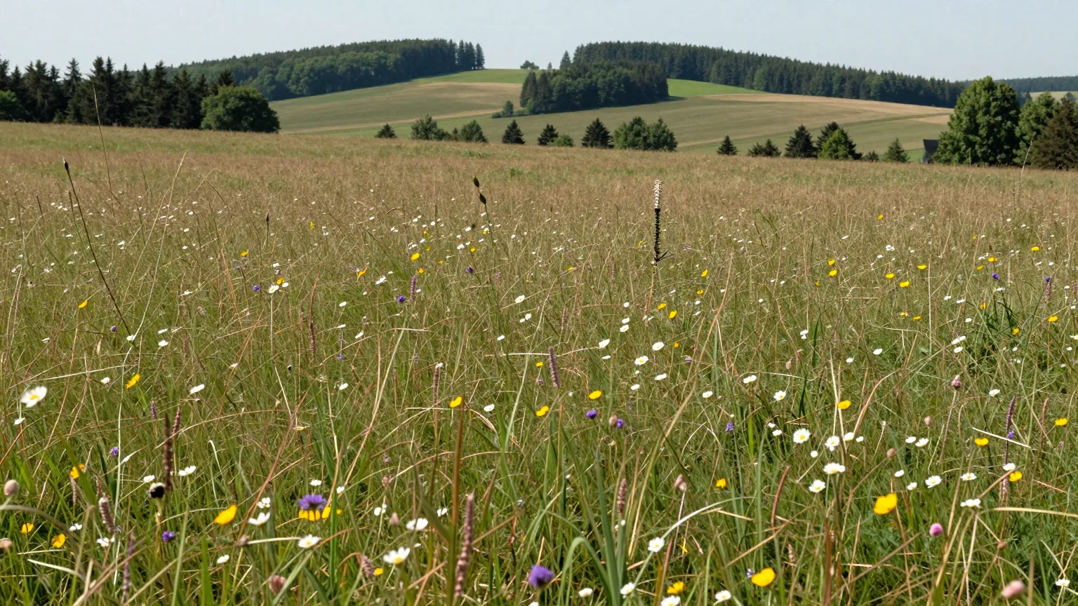 Blumenwiese vor sanften Hügeln im Sommerlicht