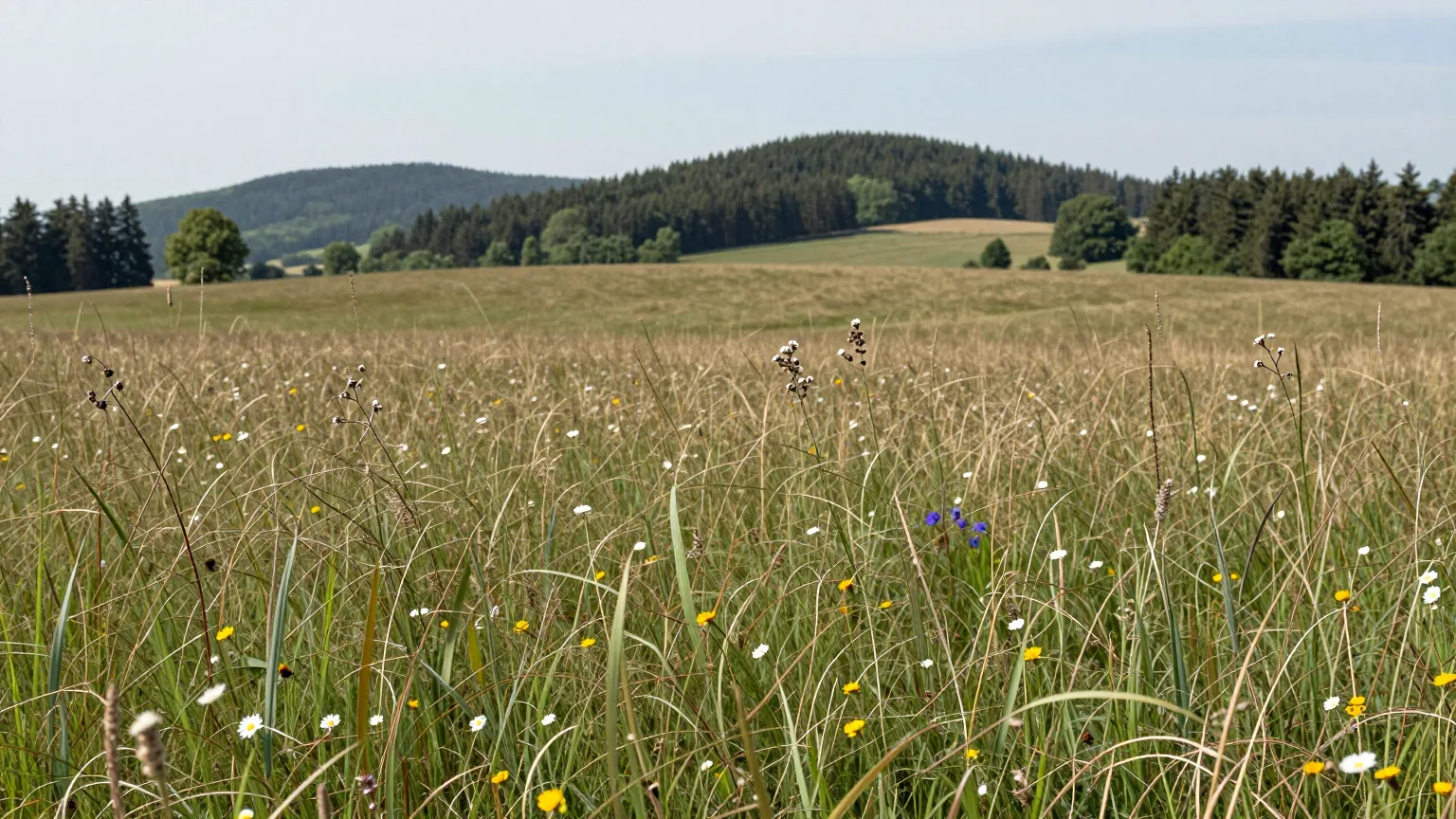 Weite Wiese mit Gräsern vor einem bewaldeten Hügel