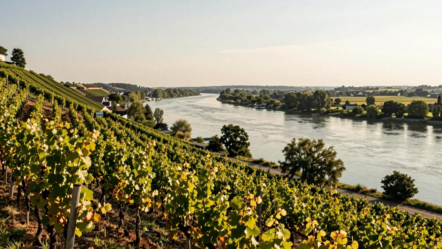 Weinberg über einem breiten Fluss, Felder und Hügel im Hintergrund