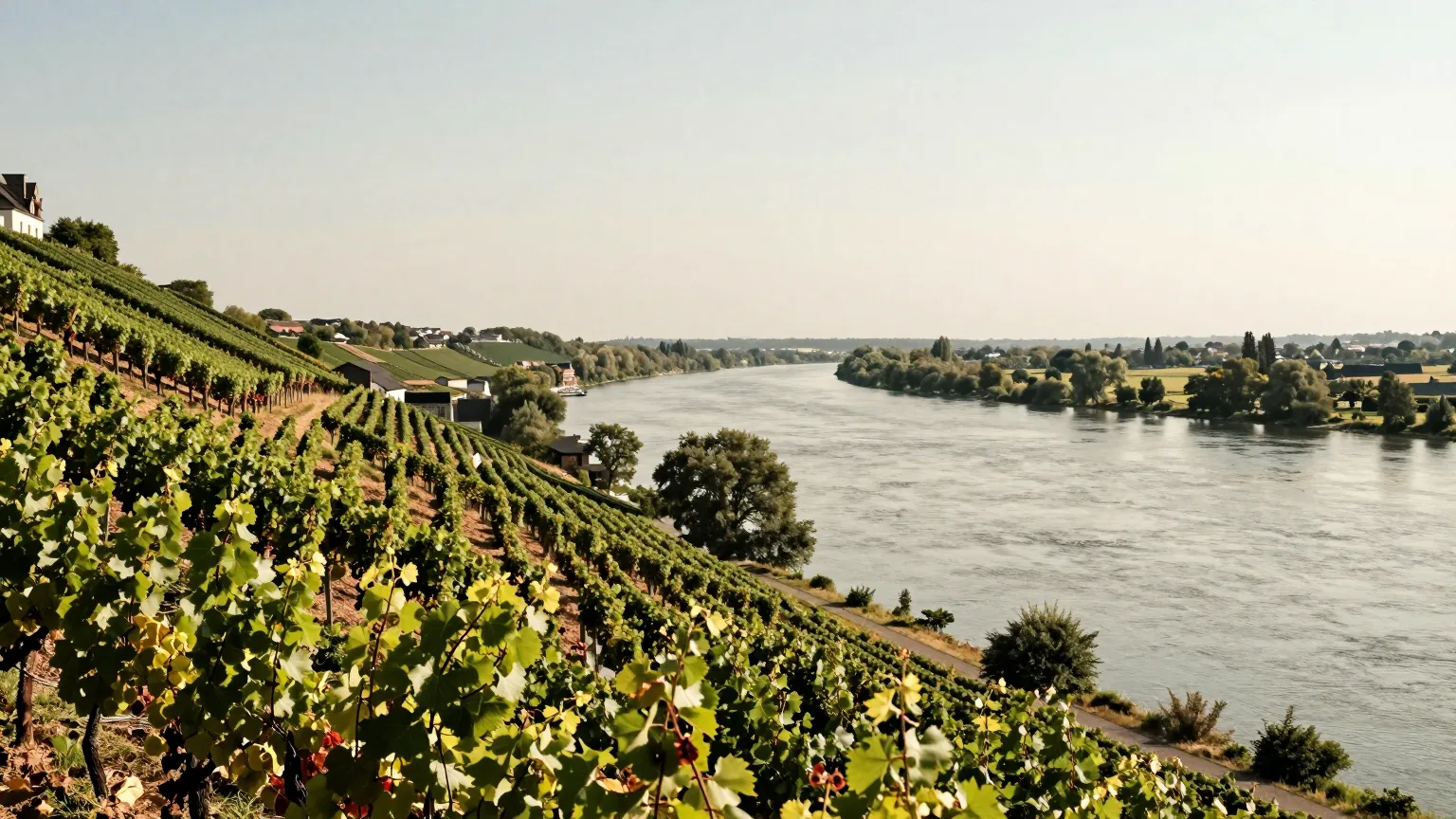 Weinberge an einem Hang über einem breiten Fluss, helles Tageslicht