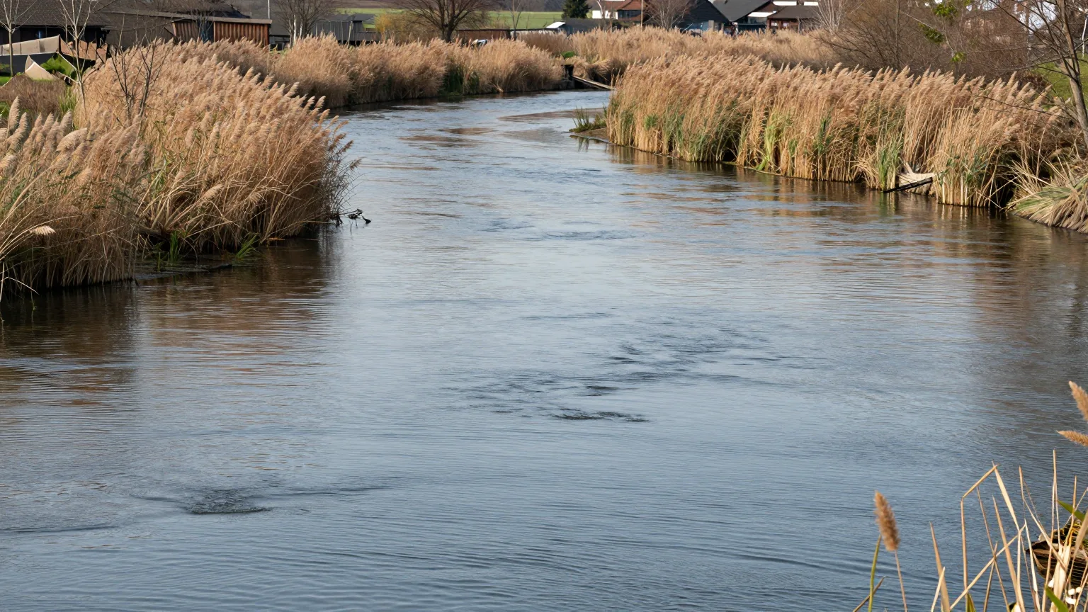 Ruhiger Flusslauf mit Schilfufern
