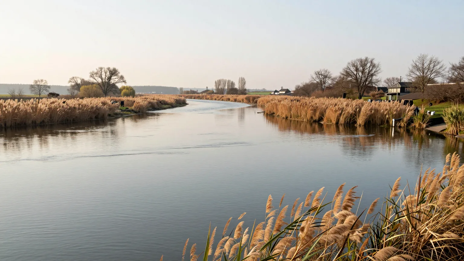 Fluss mit Schilfufern im warmen Abendlicht