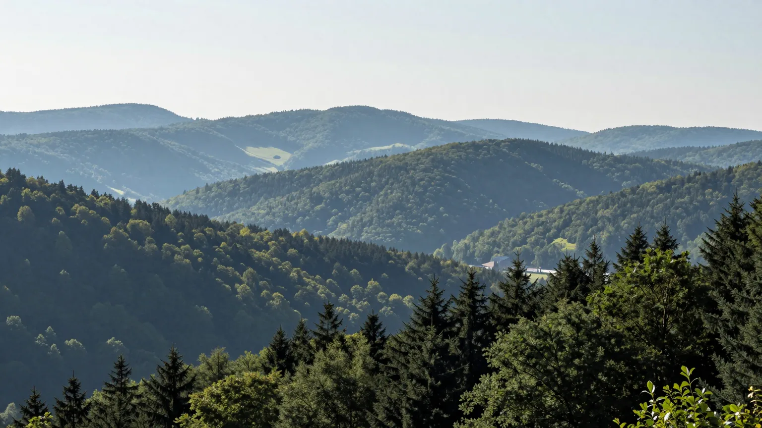 Weite bewaldete Hügellandschaft mit einer Lichtung